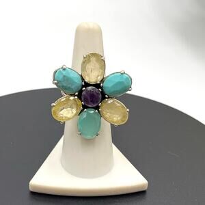 Lucky Brand Flower Resin Glass Amethyst‎ Blue Yellow Purple Ring Sz 7